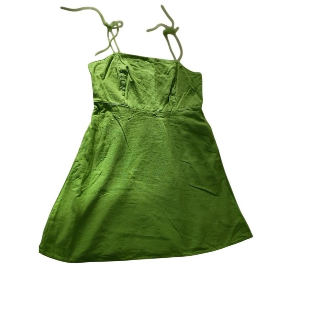 Old Navy Green Smocked Linen Blend Square Neck Tie Shoulder Mini Dress Women L - Picture 2 of 8